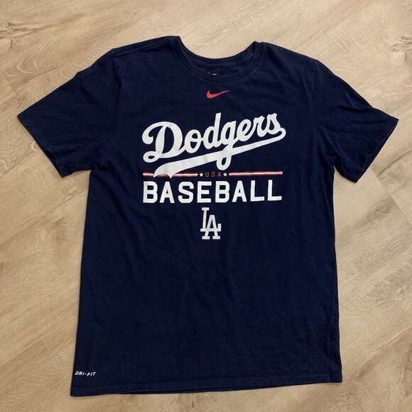 Nike MLB Los Angeles LA Dodgers Baseball T-Shirt Center Swoosh Men's Large Navy - Picture 1 of 6